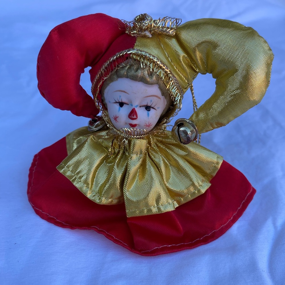 Vtg Porcelain Jester Clown jingle bell ornament